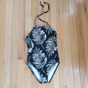 Gymboree Girls Bathing Suit One Piece Black Tropical Leaf Print Halter M 7-8